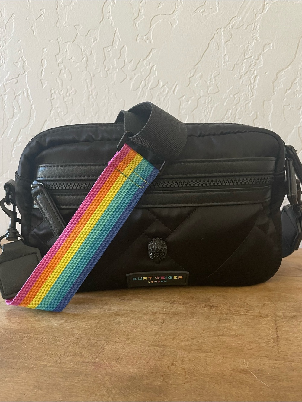 🌈 Kurt Geiger London Black Quilted Nylon Crossbody Rainbow Strap Camera Bag
